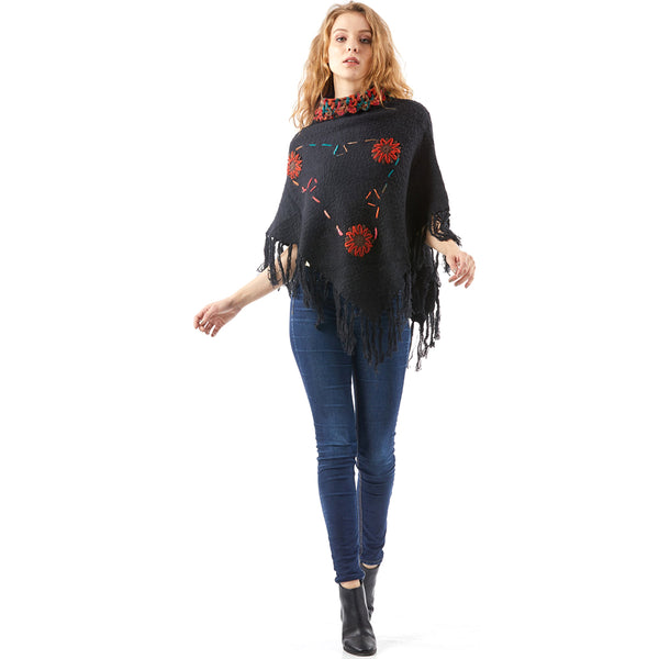 Fashion Women Poncho Embroidery Shawls Knit Sweater Sleeveless Cloak